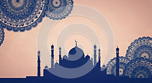 Silhouette of Mosque with Islamic Pattern Background for Ramadan Celebration