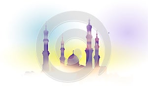 The silhouette of the mosque with minarets on a watercolor background. Islamic Muslim holiday. watercolor sunset month Ramadan Kar