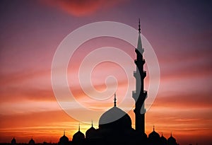 a silhouette of a mosque in the sunset sky background