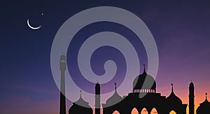 Silhouette Mosques Dome and Crescent Moon on dark blue Twilight sky background, backdrop design for Ramadan holy month