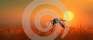 Silhouette of a Mosquito at Sunset: A Dangerous Insect Carrying Harmful Bacteria. Concept
