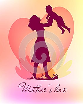 Silhouette of a mother with a baby in her arms on the background of a heart