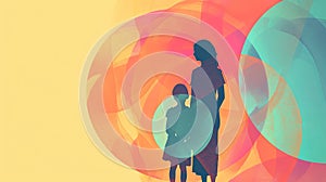 Silhouette of a mother and child with a tender embrace in colorful abstract forms