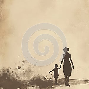 Silhouette of mother and child walking, abstract monochrome art