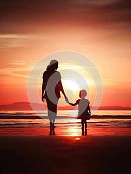 Silhouette of a mother and daughter holding hands on the beach at sunset