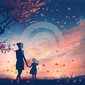 Silhouette of mother and daughter on nature background with butterflies photo
