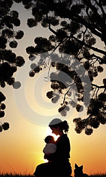 silhouette of a mother and her child on the sunset