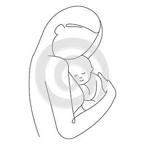 Silhouette of a mother hugging a baby to her chest. Concept of motherhood, love and tenderness. Family planning logo design