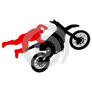 Silhouette of motorcycle rider performing trick on white background
