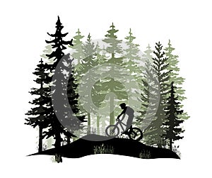 Silhouette of mountain bike rider in wild nature landscape. Forest background.