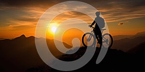 Silhouette of a mountain biker on top of a mountain during sunset