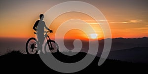 Silhouette of a mountain biker on top of a mountain during sunset