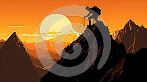 Silhouette of mountain climber in the mountains