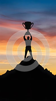 Silhouette on mountain peak at sunset, holding trophy Vibrant sky symbolizes achievement