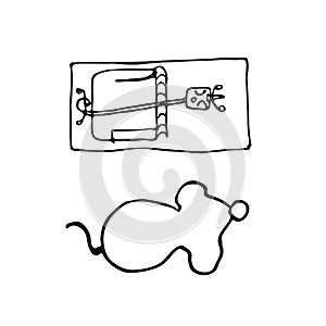 Silhouette mouse and mousetrap in hand drawn style. Sketch of a rodent and trap on a white background in isolation. Vector