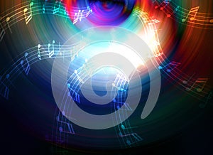 Silhouette of music Audio Speaker and note, abstract background, Light Circle. Music concept.