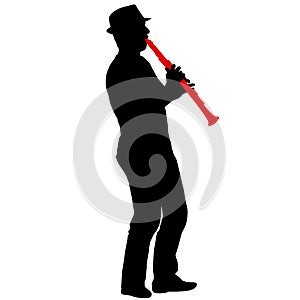 Silhouette of musician playing the clarinet on a white background