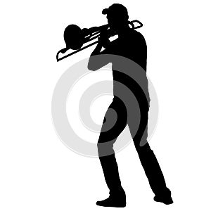 Silhouette of musician playing the trombone on a white background