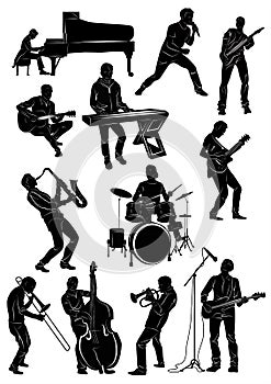 Silhouette of musicians in action: pianist, singer, guitarist, keybiardist,bassist, contrabassist