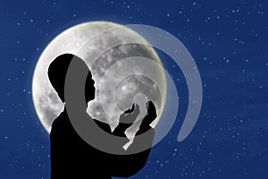 Silhouette of muslim man praying under blue moon