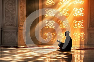 Silueta de hombre mientras elevado manos a ora en mezquita islámico 