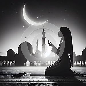 Silhouette of Muslim woman praying in front of mosque at night