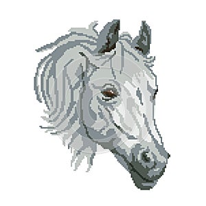 The silhouette of the muzzle of a gray horse, the portrait is painted in the form of squares, pixels