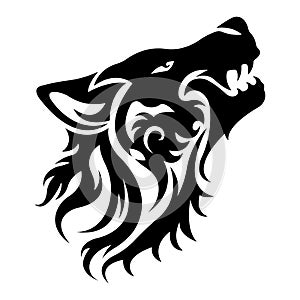 Silhouette of the muzzle of a howling wolf in black on a white background. Design suitable for modern tattoos, decor, logos