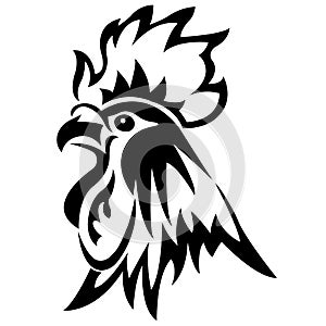 The silhouette of the muzzle of a rooster chicken, painted black, painted in curved lines. Rooster bird logo