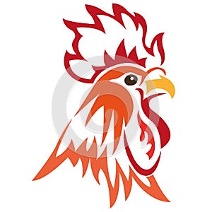 The silhouette of the muzzle of a rooster chicken, painted in red-orange color, painted in curved lines. Rooster bird logo