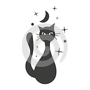 The silhouette of a mystical black cat with the moon and stars, isolated on white background.