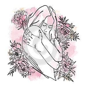 Silhouette of a naked female figure. Black linear sketch of a woman hugging herself in peonies. Self care concept