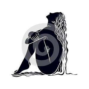 Silhouette of a naked woman with long hair on a white background, mystical poster. Wall art, wall decor.