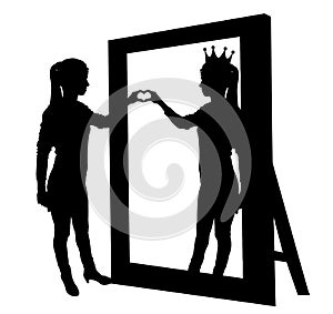 Silhouette of a narcissistic woman and a hand gesture of heart in reflection in mirror