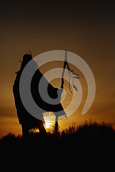 silhouette of native american shaman with pikestaff on background of sunset beutiful in mountains