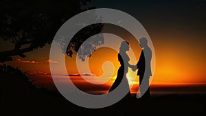 Silhouette of a newlywed couple on the background of the setting sun, New wedding couple silhouette with a shiny sunset , AI