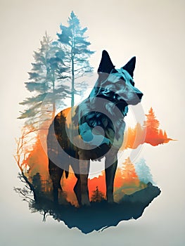 Silhouette of a Nordic dog filled with a forest - double exposure