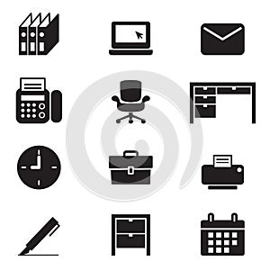 Silhouette office tools and stationery icons set