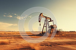 Silhouette of an oil pump in a field at sunset. Oil industry. Generated by artificial intelligence