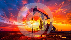 Silhouette of an Oil Pump Jack at Sunset with Vivid Orange Sky. Energy Extraction, Fuel Industry Concept. Photography