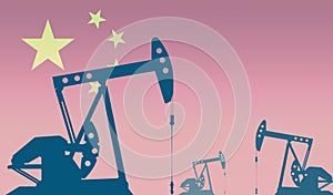 silhouette of oil pumps against flag of China. Extraction grade crude oil and gas. concept of oil fields and oil companies,