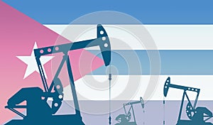 silhouette of oil pumps against flag of Cuba. Extraction grade crude oil and gas. concept of oil fields and oil companies,