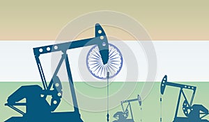 silhouette of oil pumps against flag of India. Extraction grade crude oil and gas. concept of oil fields and oil companies,