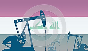 silhouette of oil pumps against flag of Iraq. Extraction grade crude oil and gas. concept of oil fields and oil companies,