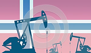 silhouette of oil pumps against flag of Norway. Extraction grade crude oil and gas. concept of oil fields and oil companies,