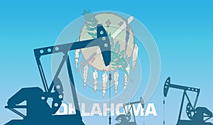 silhouette of oil pumps against flag of Oklahoma state USA. Extraction grade crude oil and gas. concept of oil fields and oil