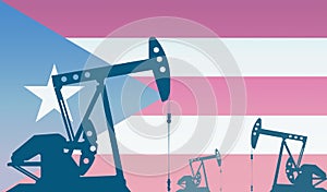 silhouette of oil pumps against flag of Puerto Rico. Extraction grade crude oil and gas. concept of oil fields and oil companies,