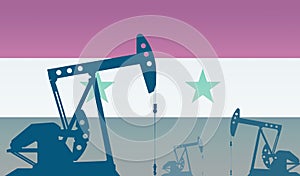 silhouette of oil pumps against flag of Syria. Extraction grade crude oil and gas. concept of oil fields and oil companies,