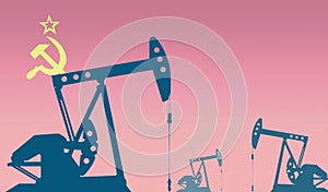 silhouette of oil pumps against flag of ussr. Extraction grade crude oil and gas. concept of oil fields and oil companies,