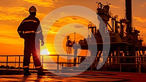 Silhouette of oil worker standing on the oil rig platform at sunset background